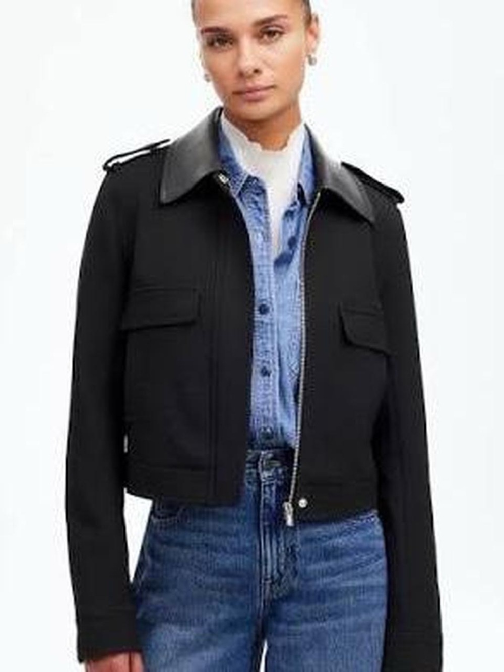 Madewell Black Cropped Utility Jacket with Faux Leather Collar